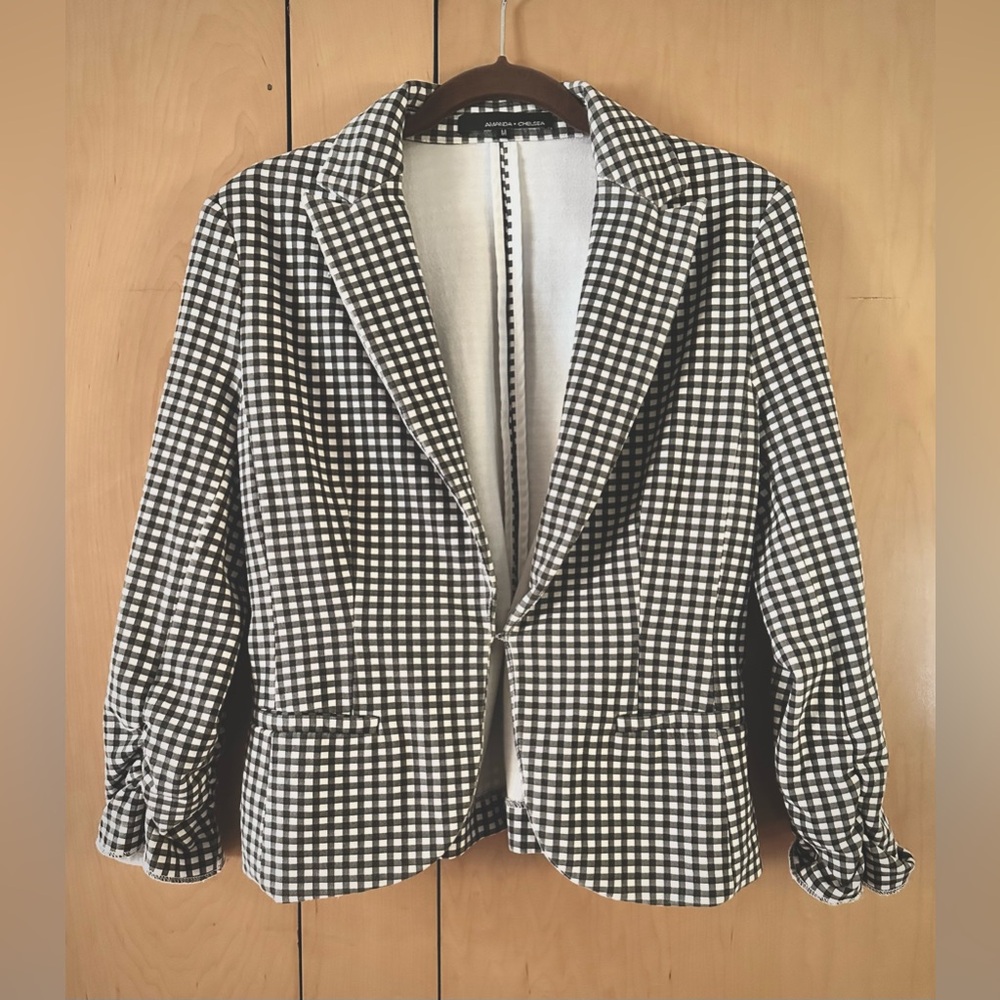 Amanda & Chelsea Black/White Gingham Ruched Sleeve Rayon Knit Blazer - Size M - Picture 3 of 12